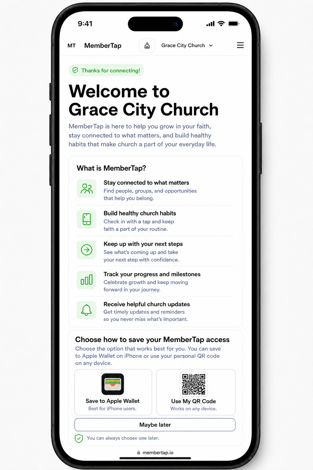 MemberTap welcome screen with Apple Wallet and QR code options